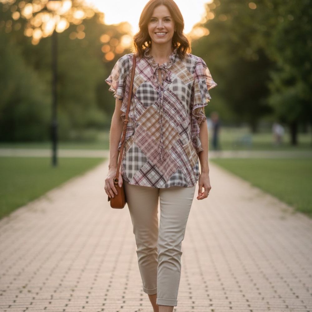🍂 Joie Silk Plaid Patchwork Ruffle Blouse! Gently Worn! L 🌾